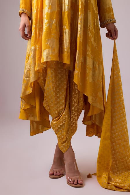 Shop Nikasha Yellow Crepe, Silk Gota Patti, Foil Asymmetrical Kurta Dhoti Pant Set Online at Aza Fashions Shop_Nikasha_Yellow Crepe, Silk Gota Patti, Foil Asymmetrical Kurta Dhoti Pant Set _Online_at_Aza_Fashions