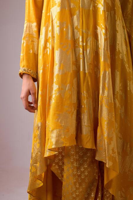 Nikasha Yellow Crepe, Silk Gota Patti, Foil Asymmetrical Kurta Dhoti Pant Set at Aza Fashions Nikasha_Yellow Crepe, Silk Gota Patti, Foil Asymmetrical Kurta Dhoti Pant Set _at_Aza_Fashions