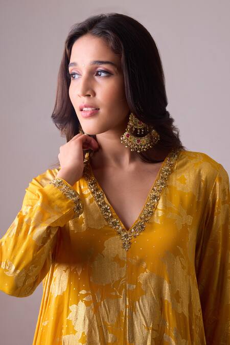 Buy Nikasha Yellow Crepe, Silk Gota Patti, Foil Asymmetrical Kurta Dhoti Pant Set Buy_Nikasha_Yellow Crepe, Silk Gota Patti, Foil Asymmetrical Kurta Dhoti Pant Set