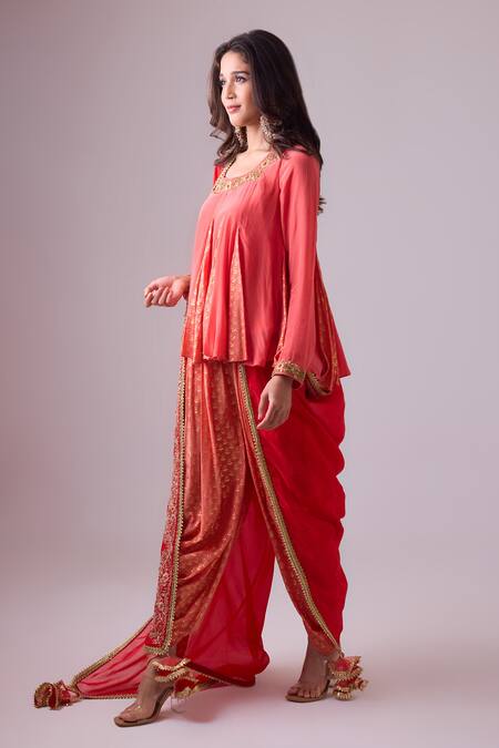 Nikasha Pink Georgette, Silk, Crepe Gota Patti, Panelled Short Kurta Dhoti Salwar Set Online at Aza Fashions Nikasha_Pink Georgette, Silk, Crepe Gota Patti, Panelled Short Kurta Dhoti Salwar Set _Online_at_Aza_Fashions