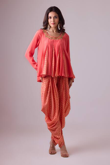 Nikasha Pink Georgette, Silk, Crepe Gota Patti, Panelled Short Kurta Dhoti Salwar Set at Aza Fashions Nikasha_Pink Georgette, Silk, Crepe Gota Patti, Panelled Short Kurta Dhoti Salwar Set _at_Aza_Fashions