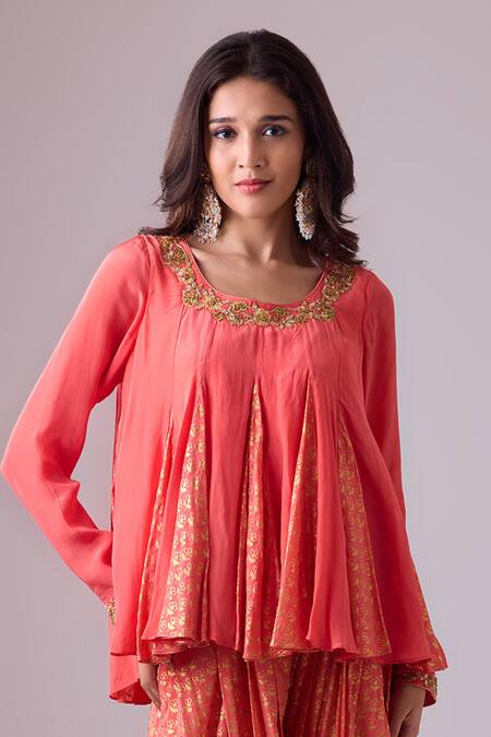 Buy Nikasha Pink Georgette, Silk, Crepe Gota Patti, Panelled Short Kurta Dhoti Salwar Set Buy_Nikasha_Pink Georgette, Silk, Crepe Gota Patti, Panelled Short Kurta Dhoti Salwar Set