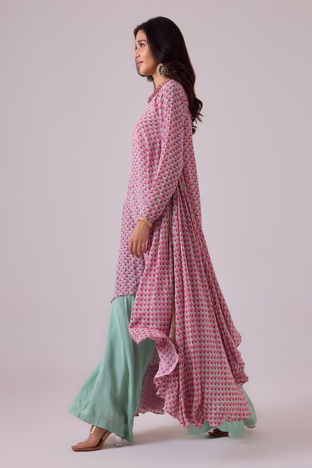 Shop Nikasha Purple Georgette, Silk Embroidery, Asymmetrical Floral Print Kurta Palazzo Set at Aza Fashions Shop_Nikasha_Purple Georgette, Silk Embroidery, Asymmetrical Floral Print Kurta Palazzo Set _at_Aza_Fashions