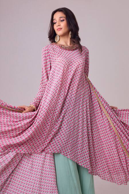 Nikasha Purple Georgette, Silk Embroidery, Asymmetrical Floral Print Kurta Palazzo Set Online at Aza Fashions Nikasha_Purple Georgette, Silk Embroidery, Asymmetrical Floral Print Kurta Palazzo Set _Online_at_Aza_Fashions