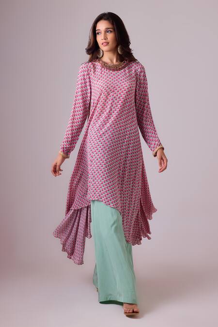 Buy Nikasha Purple Georgette, Silk Embroidery, Asymmetrical Floral Print Kurta Palazzo Set Online at Aza Fashions Buy_Nikasha_Purple Georgette, Silk Embroidery, Asymmetrical Floral Print Kurta Palazzo Set _Online_at_Aza_Fashions