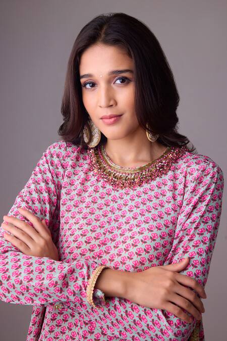 Shop Nikasha Purple Georgette, Silk Embroidery, Asymmetrical Floral Print Kurta Palazzo Set Online at Aza Fashions Shop_Nikasha_Purple Georgette, Silk Embroidery, Asymmetrical Floral Print Kurta Palazzo Set _Online_at_Aza_Fashions