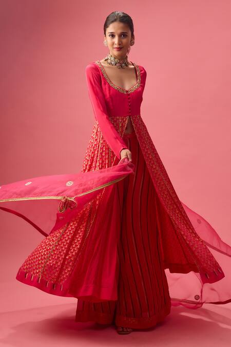 Nikasha_Pink Silk Organza, Georgette, Crepe Gota Patti, Foil Kalidar Sharara Set _Online_at_Aza_Fashions