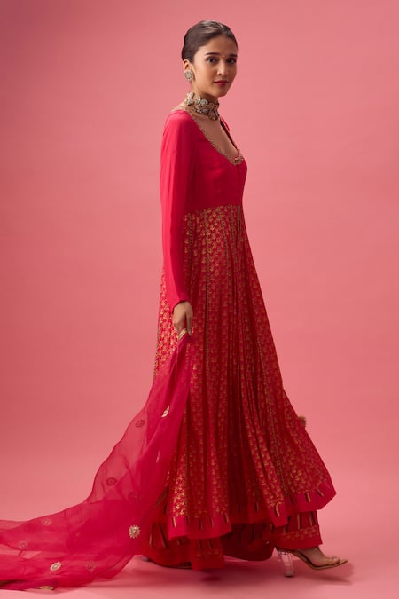 Buy_Nikasha_Pink Silk Organza, Georgette, Crepe Gota Patti, Foil Kalidar Sharara Set _Online_at_Aza_Fashions