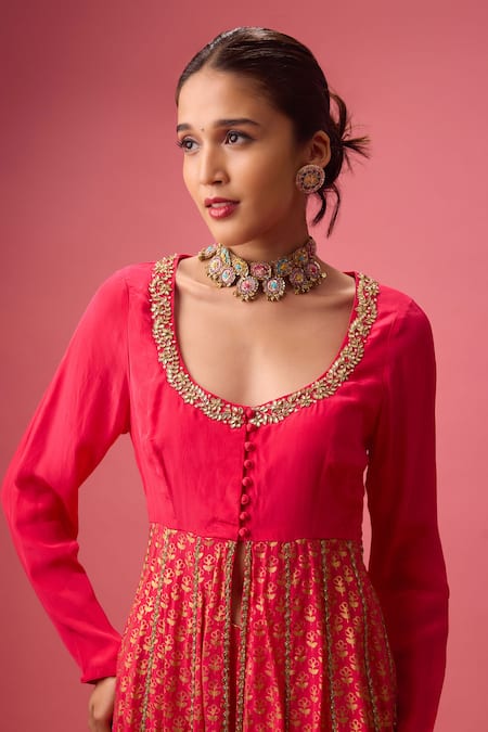 Shop_Nikasha_Pink Silk Organza, Georgette, Crepe Gota Patti, Foil Kalidar Sharara Set _Online_at_Aza_Fashions