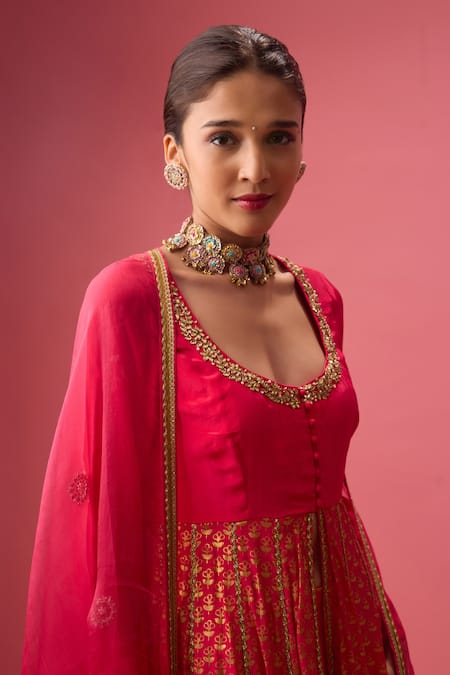 Nikasha_Pink Silk Organza, Georgette, Crepe Gota Patti, Foil Kalidar Sharara Set _at_Aza_Fashions