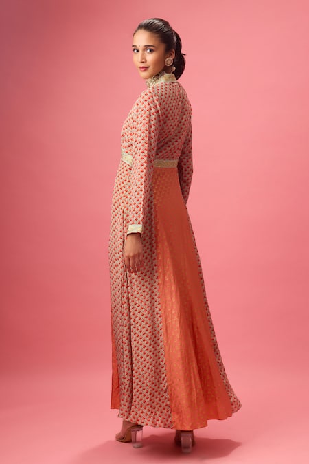 Shop Nikasha Peach Silk Gota Patti, Embroidery Floral Print Kalidar Kurta And Churidar Set at Aza Fashions Shop_Nikasha_Peach Silk Gota Patti, Embroidery Floral Print Kalidar Kurta And Churidar Set _at_Aza_Fashions