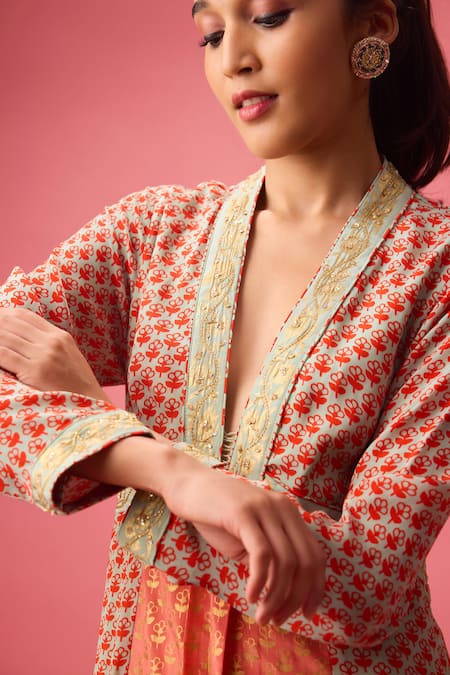 Nikasha Peach Silk Gota Patti, Embroidery Floral Print Kalidar Kurta And Churidar Set Online at Aza Fashions Nikasha_Peach Silk Gota Patti, Embroidery Floral Print Kalidar Kurta And Churidar Set _Online_at_Aza_Fashions