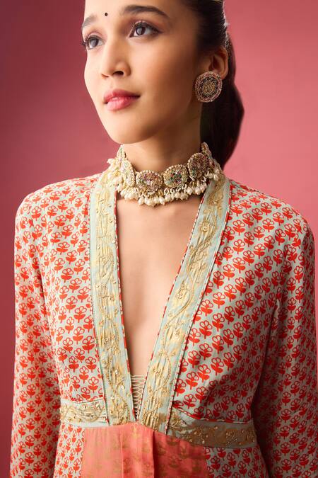 Buy Nikasha Peach Silk Gota Patti, Embroidery Floral Print Kalidar Kurta And Churidar Set Online at Aza Fashions Buy_Nikasha_Peach Silk Gota Patti, Embroidery Floral Print Kalidar Kurta And Churidar Set _Online_at_Aza_Fashions