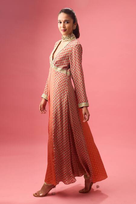 Shop Nikasha Peach Silk Gota Patti, Embroidery Floral Print Kalidar Kurta And Churidar Set Online at Aza Fashions Shop_Nikasha_Peach Silk Gota Patti, Embroidery Floral Print Kalidar Kurta And Churidar Set _Online_at_Aza_Fashions