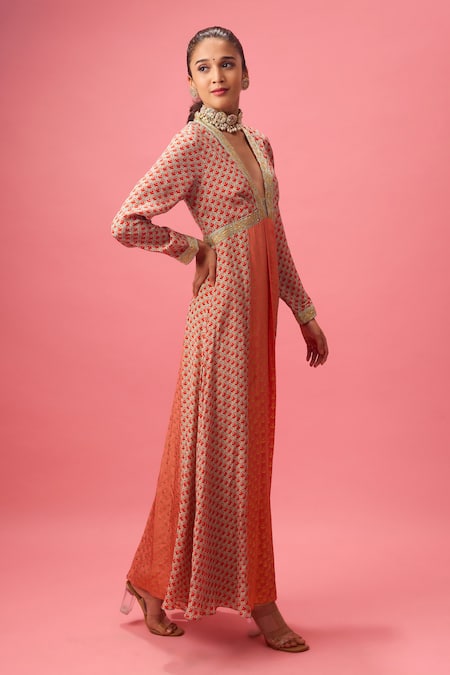 Nikasha Peach Silk Gota Patti, Embroidery Floral Print Kalidar Kurta And Churidar Set at Aza Fashions Nikasha_Peach Silk Gota Patti, Embroidery Floral Print Kalidar Kurta And Churidar Set _at_Aza_Fashions