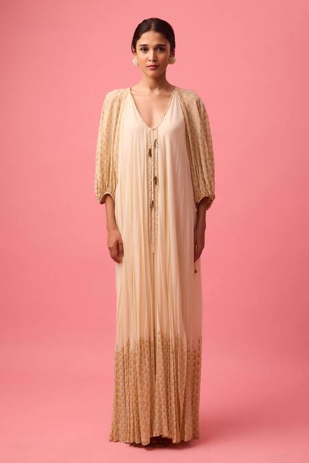 Nikasha_Beige 100% Pure Georgette Foil Printed Floral V Neck Dress _Online_at_Aza_Fashions