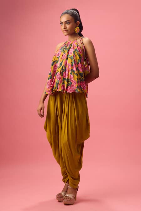 Nikasha Yellow 100% Pure Georgette Print Peony Bloom Halter Neck Top With Dhoti Pant 