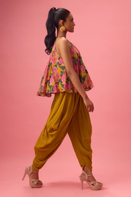 Nikasha Yellow Georgette, Silk, Cotton Halter Peony Bloom Print Top With Dhoti Pant Online at Aza Fashions Nikasha_Yellow Georgette, Silk, Cotton Halter Peony Bloom Print Top With Dhoti Pant _Online_at_Aza_Fashions