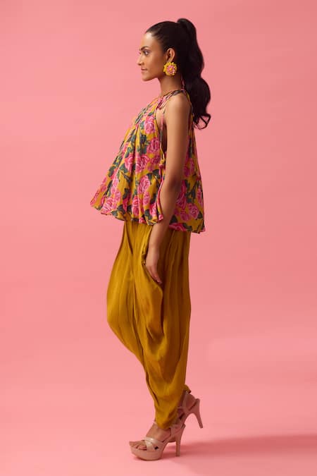 Buy Nikasha Yellow Georgette, Silk, Cotton Halter Peony Bloom Print Top With Dhoti Pant Online at Aza Fashions Buy_Nikasha_Yellow Georgette, Silk, Cotton Halter Peony Bloom Print Top With Dhoti Pant _Online_at_Aza_Fashions