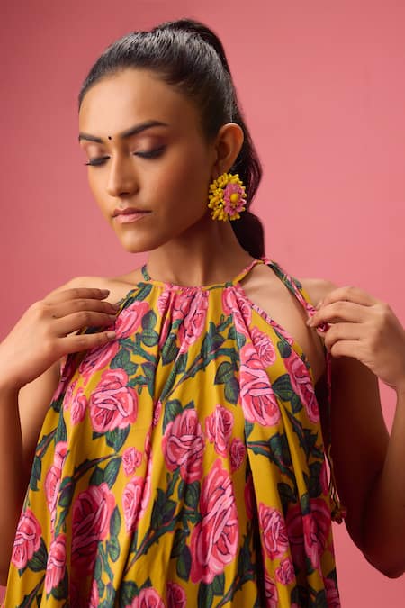 Shop Nikasha Yellow Georgette, Silk, Cotton Halter Peony Bloom Print Top With Dhoti Pant Online at Aza Fashions Shop_Nikasha_Yellow Georgette, Silk, Cotton Halter Peony Bloom Print Top With Dhoti Pant _Online_at_Aza_Fashions
