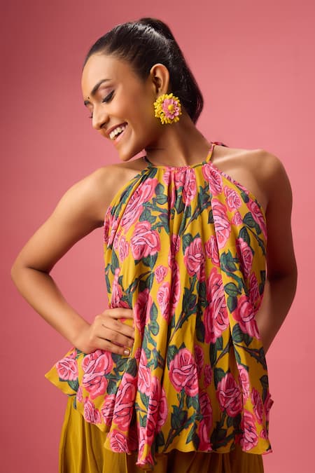 Nikasha Yellow Georgette, Silk, Cotton Halter Peony Bloom Print Top With Dhoti Pant at Aza Fashions Nikasha_Yellow Georgette, Silk, Cotton Halter Peony Bloom Print Top With Dhoti Pant _at_Aza_Fashions