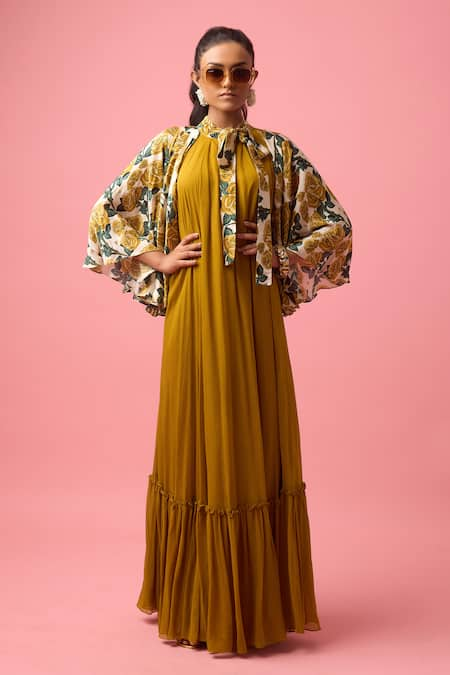 Nikasha Yellow 100% Modal Silk Satin Print Rosa Tie Up Collar Neck Cape Dress 