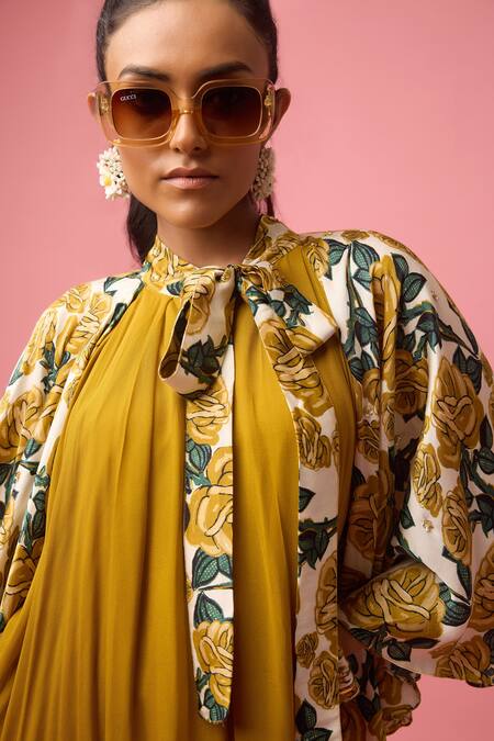 Buy_Nikasha_Yellow Georgette, Modal Collared Rosa Print Tie Up Cape Dress _Online_at_Aza_Fashions