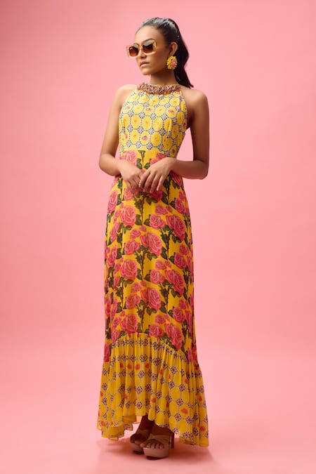 Nikasha Yellow 100% Pure Rayon Cotton Print Rosa Bloom Halter Neck Maxi Dress 