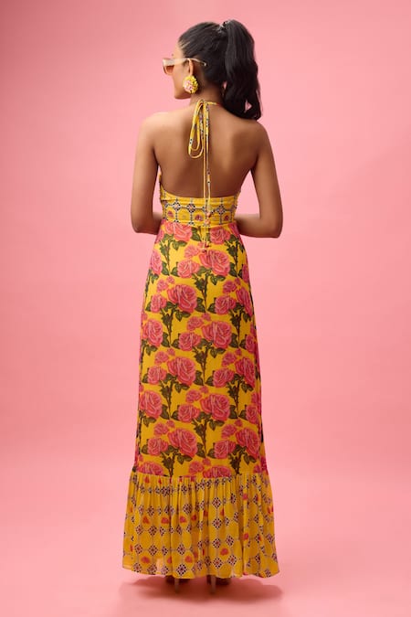 Shop Nikasha Yellow Modal, Rayon Embroidery Halter Neck Rosa Bloom Print Maxi Dress at Aza Fashions Shop_Nikasha_Yellow Modal, Rayon Embroidery Halter Neck Rosa Bloom Print Maxi Dress _at_Aza_Fashions