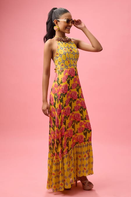 Nikasha Yellow Modal, Rayon Embroidery Halter Neck Rosa Bloom Print Maxi Dress Online at Aza Fashions Nikasha_Yellow Modal, Rayon Embroidery Halter Neck Rosa Bloom Print Maxi Dress _Online_at_Aza_Fashions