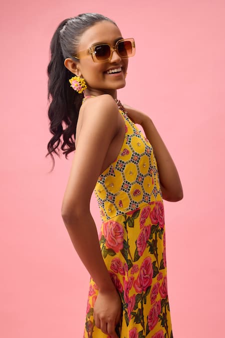 Buy Nikasha Yellow Modal, Rayon Embroidery Halter Neck Rosa Bloom Print Maxi Dress Online at Aza Fashions Buy_Nikasha_Yellow Modal, Rayon Embroidery Halter Neck Rosa Bloom Print Maxi Dress _Online_at_Aza_Fashions