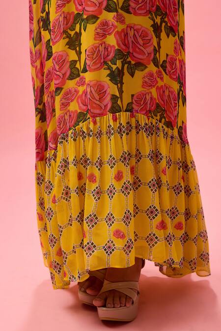 Shop Nikasha Yellow Modal, Rayon Embroidery Halter Neck Rosa Bloom Print Maxi Dress Online at Aza Fashions Shop_Nikasha_Yellow Modal, Rayon Embroidery Halter Neck Rosa Bloom Print Maxi Dress _Online_at_Aza_Fashions
