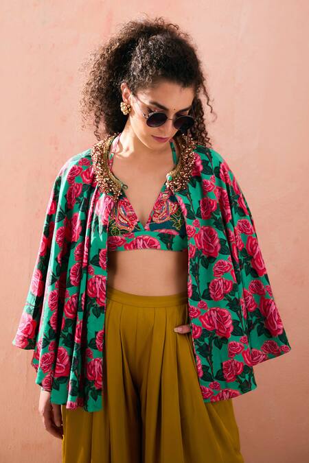 Nikasha Green Rayon Beads Open Neck Rosa Garden Print Cape And Dhoti Pant Set Online at Aza Fashions Nikasha_Green Rayon Beads Open Neck Rosa Garden Print Cape And Dhoti Pant Set _Online_at_Aza_Fashions