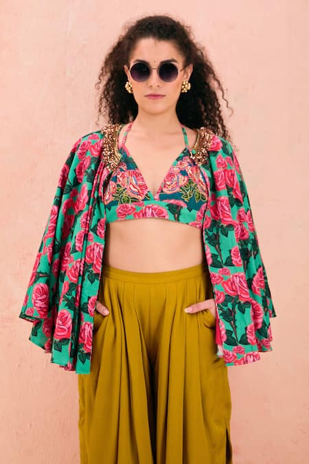 Buy Nikasha Green Rayon Beads Open Neck Rosa Garden Print Cape And Dhoti Pant Set Online at Aza Fashions Buy_Nikasha_Green Rayon Beads Open Neck Rosa Garden Print Cape And Dhoti Pant Set _Online_at_Aza_Fashions
