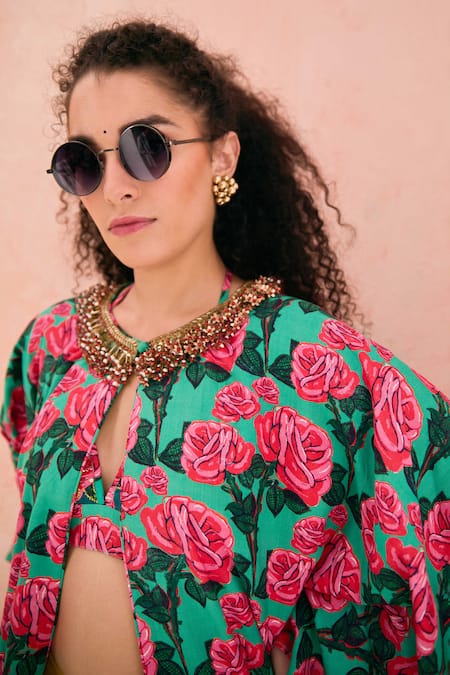 Shop Nikasha Green Rayon Beads Open Neck Rosa Garden Print Cape And Dhoti Pant Set Online at Aza Fashions Shop_Nikasha_Green Rayon Beads Open Neck Rosa Garden Print Cape And Dhoti Pant Set _Online_at_Aza_Fashions