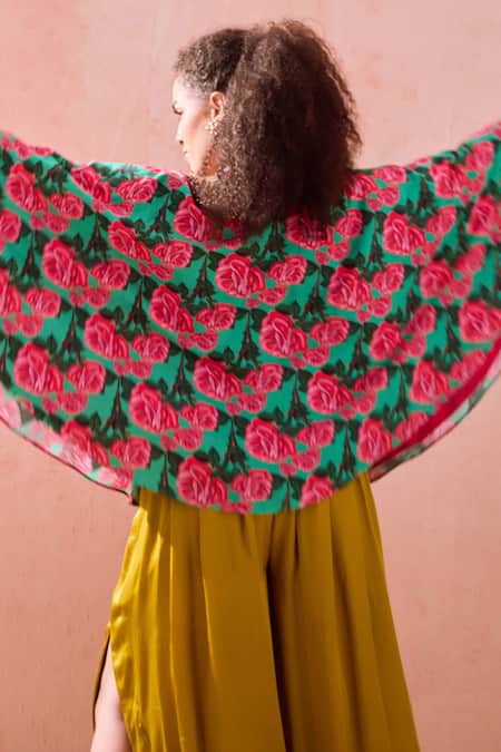 Shop Nikasha Green Rayon Beads Open Neck Rosa Garden Print Cape And Dhoti Pant Set at Aza Fashions Shop_Nikasha_Green Rayon Beads Open Neck Rosa Garden Print Cape And Dhoti Pant Set _at_Aza_Fashions