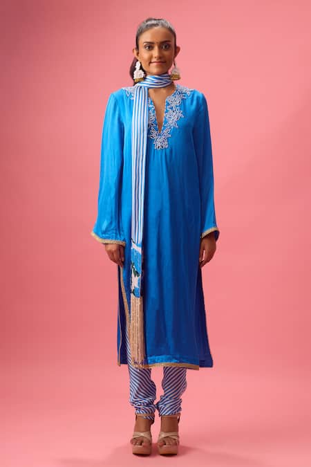 Nikasha Blue 100% Modal Silk Satin Embroidery Kurta Split V Crochet Bloom Applique Set 