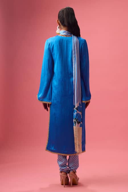 Shop Nikasha Blue Modal, Silk Beads, Applique Split Crochet Bloom Embroidered Kurta Set at Aza Fashions Shop_Nikasha_Blue Modal, Silk Beads, Applique Split Crochet Bloom Embroidered Kurta Set _at_Aza_Fashions