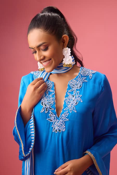Buy Nikasha Blue Modal, Silk Beads, Applique Split Crochet Bloom Embroidered Kurta Set Online at Aza Fashions Buy_Nikasha_Blue Modal, Silk Beads, Applique Split Crochet Bloom Embroidered Kurta Set _Online_at_Aza_Fashions