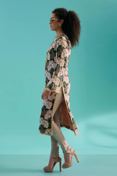 Buy_Nikasha_Brown 100% Pure Crepe Silk Print Flora Split V Neck Kurta Set _Online_at_Aza_Fashions