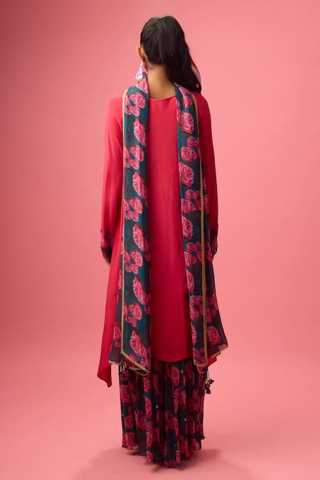 Shop Nikasha Pink Georgette, Silk Embroidery, Sequins Split V-neck Neckline Kurta Sharara Set at Aza Fashions Shop_Nikasha_Pink Georgette, Silk Embroidery, Sequins Split V-neck Neckline Kurta Sharara Set _at_Aza_Fashions