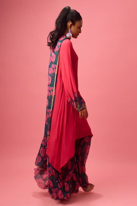 Nikasha Pink Georgette, Silk Embroidery, Sequins Split V-neck Neckline Kurta Sharara Set Online at Aza Fashions Nikasha_Pink Georgette, Silk Embroidery, Sequins Split V-neck Neckline Kurta Sharara Set _Online_at_Aza_Fashions