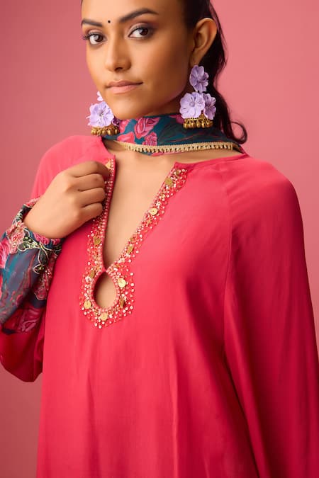 Buy Nikasha Pink Georgette, Silk Embroidery, Sequins Split V-neck Neckline Kurta Sharara Set Online at Aza Fashions Buy_Nikasha_Pink Georgette, Silk Embroidery, Sequins Split V-neck Neckline Kurta Sharara Set _Online_at_Aza_Fashions