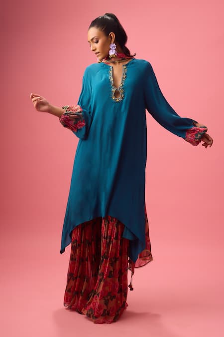 Nikasha Blue 100% Pure Georgette Print Sequin Embroidered Neckline Kurta Sharara Set 