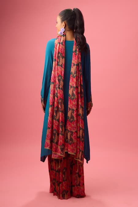 Shop Nikasha Blue Georgette, Silk Embroidery Split V-neck Sequin Neckline Kurta Sharara Set at Aza Fashions Shop_Nikasha_Blue Georgette, Silk Embroidery Split V-neck Sequin Neckline Kurta Sharara Set _at_Aza_Fashions