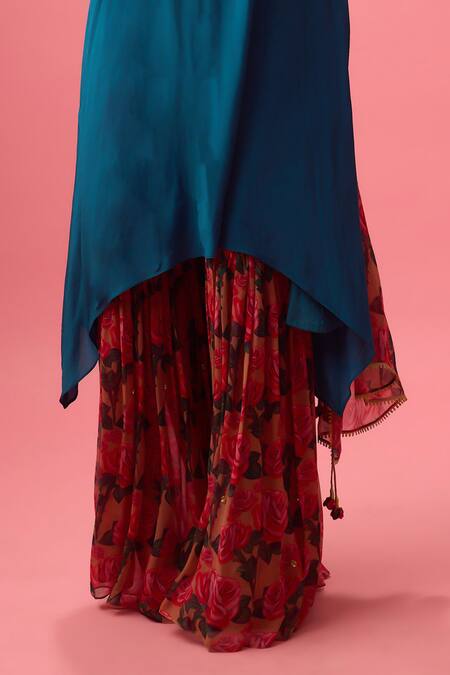 Nikasha Blue Georgette, Silk Embroidery Split V-neck Sequin Neckline Kurta Sharara Set Online at Aza Fashions Nikasha_Blue Georgette, Silk Embroidery Split V-neck Sequin Neckline Kurta Sharara Set _Online_at_Aza_Fashions