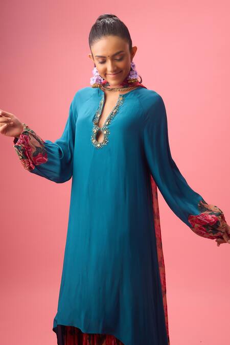 Buy Nikasha Blue Georgette, Silk Embroidery Split V-neck Sequin Neckline Kurta Sharara Set Online at Aza Fashions Buy_Nikasha_Blue Georgette, Silk Embroidery Split V-neck Sequin Neckline Kurta Sharara Set _Online_at_Aza_Fashions