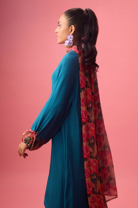 Shop Nikasha Blue Georgette, Silk Embroidery Split V-neck Sequin Neckline Kurta Sharara Set Online at Aza Fashions Shop_Nikasha_Blue Georgette, Silk Embroidery Split V-neck Sequin Neckline Kurta Sharara Set _Online_at_Aza_Fashions