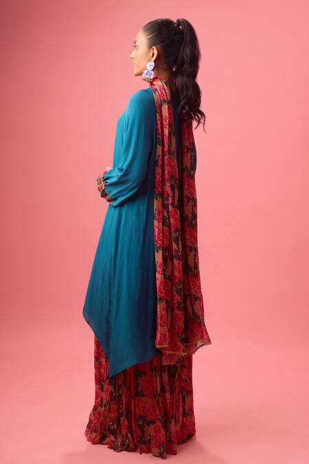 Nikasha Blue Georgette, Silk Embroidery Split V-neck Sequin Neckline Kurta Sharara Set at Aza Fashions Nikasha_Blue Georgette, Silk Embroidery Split V-neck Sequin Neckline Kurta Sharara Set _at_Aza_Fashions