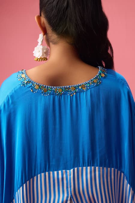 Shop Nikasha Blue Modal, Silk Satin, Poplin Sequins Neckline Embroidered Kaftan With Pant at Aza Fashions Shop_Nikasha_Blue Modal, Silk Satin, Poplin Sequins Neckline Embroidered Kaftan With Pant _at_Aza_Fashions